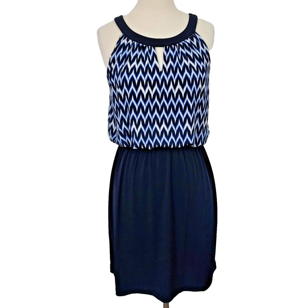 En Focus Studio Blouson Dress Size 12 Stretch Scoop Neck Sleeveless Blue White